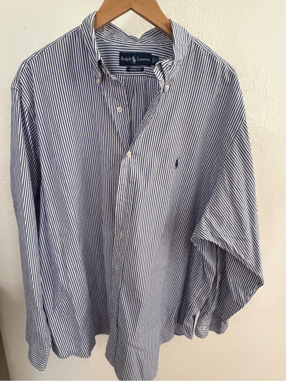Ralph Lauren Classic Fit Blue White Striped Button Down Shirt Mens 18 34/35 XL